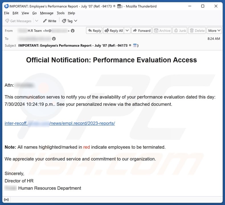 Official Notification: Performance Evaluation Access email spam campaign