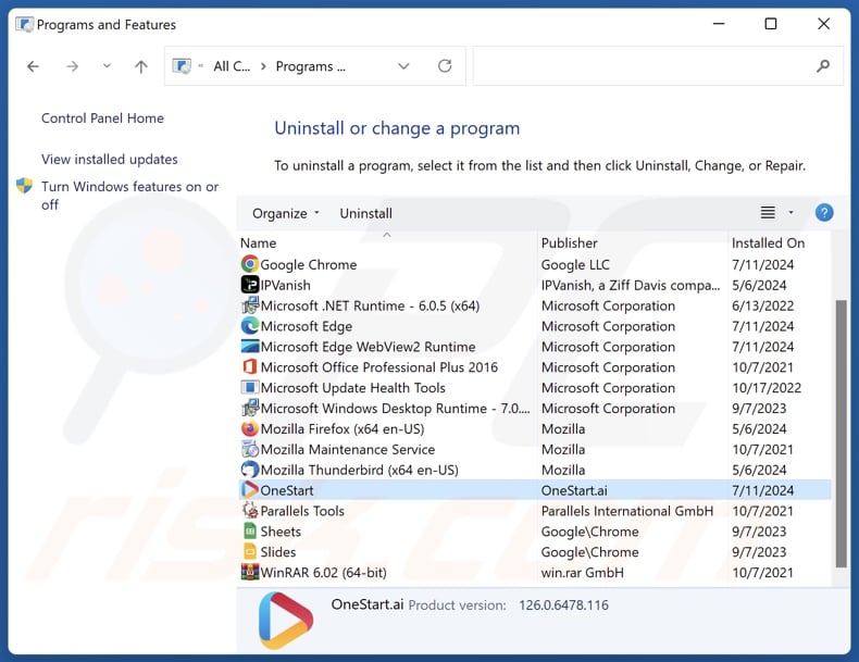 OneStart uninstall via Control Panel