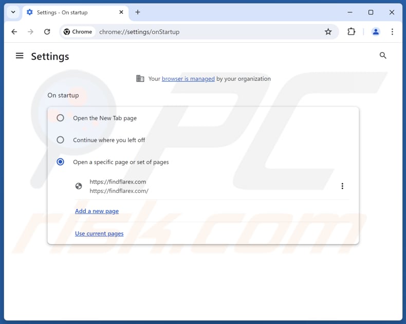 Removing findflarex.com from Google Chrome homepage