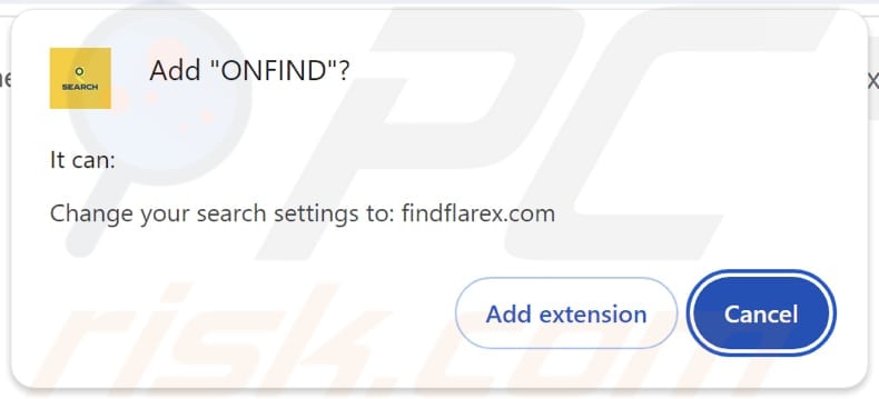 ONFIND browser hijacker asking for permissions