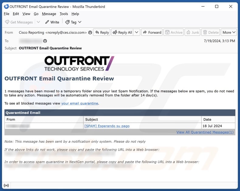 OUTFRONT Email Quarantine email spam campaign