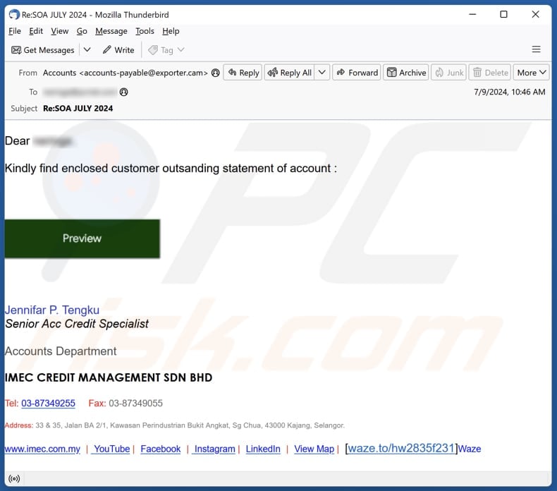 Outstanding Statement Of Account email spam campaign