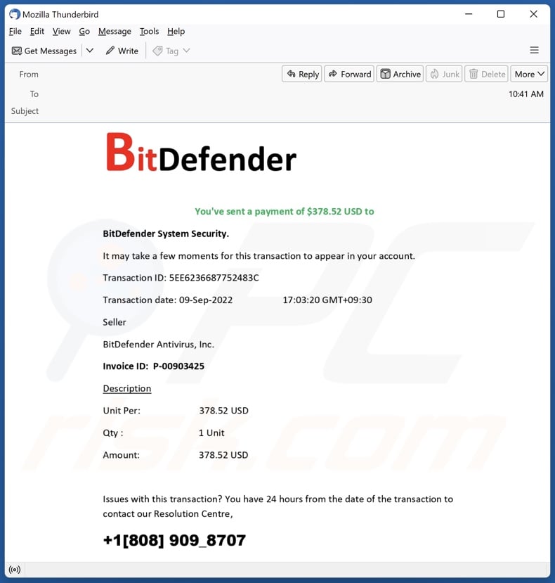 Payment For Bitdefender email spam campaign