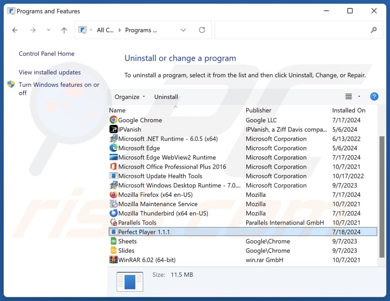 Perfect Player uninstall via Control Panel