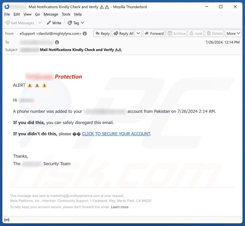 Phone Number Was Added To Your Account email spam campaign