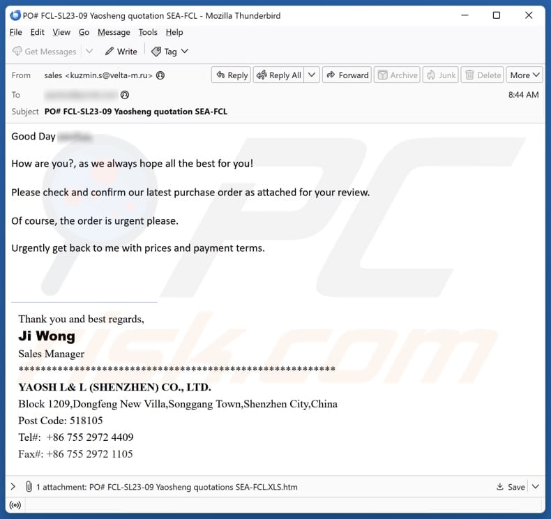 Purchase Order (PO) Confirmation email spam campaign