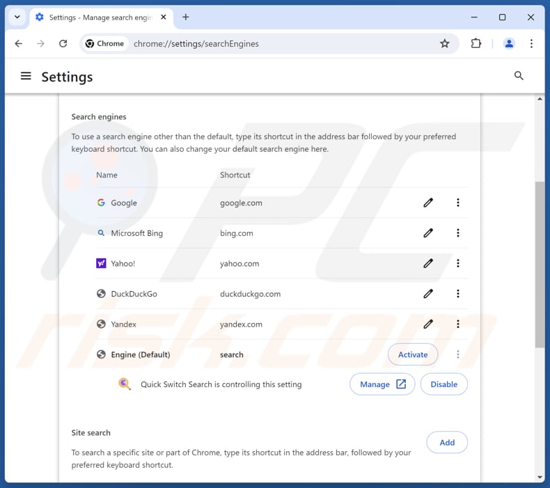 Removing quickswitchsearch.com from Google Chrome default search engine