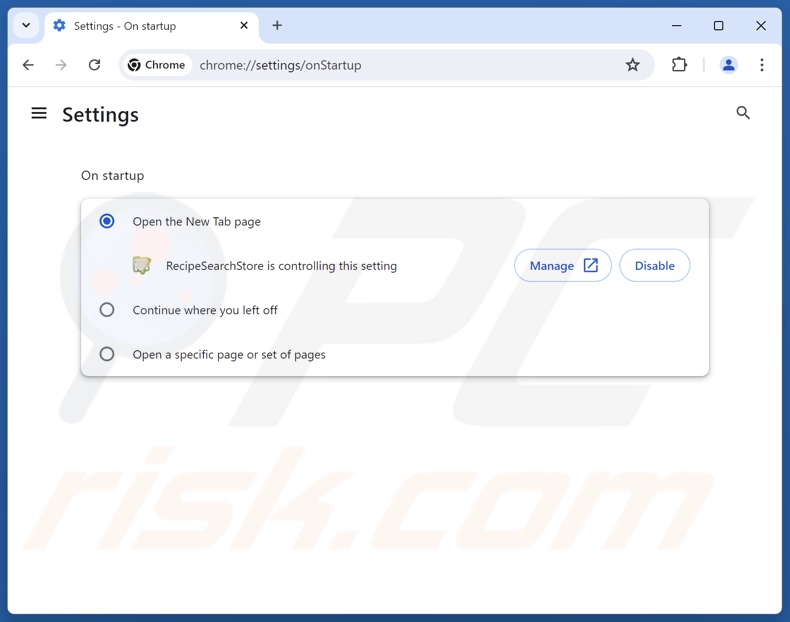 Removing recipesearchstore.com from Google Chrome homepage