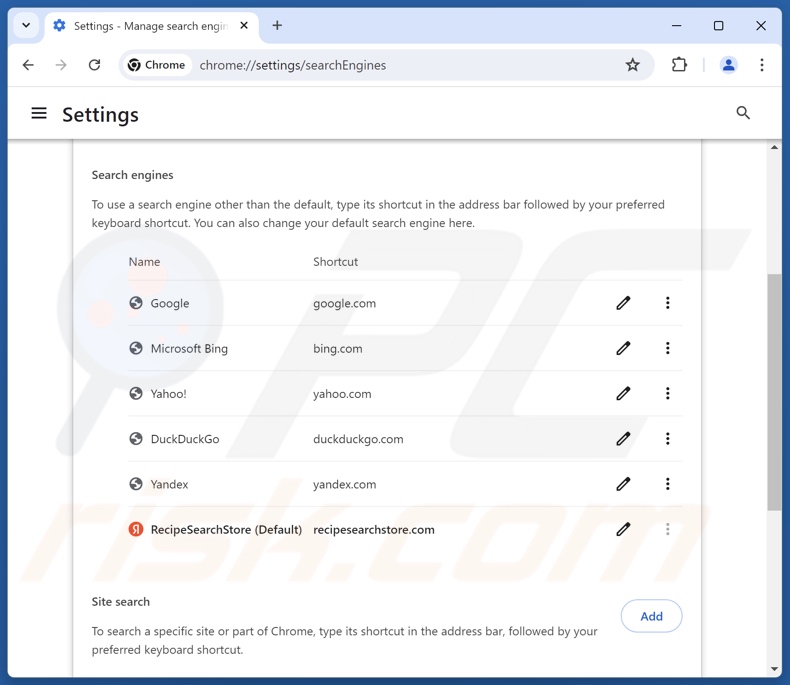 Removing recipesearchstore.com from Google Chrome default search engine