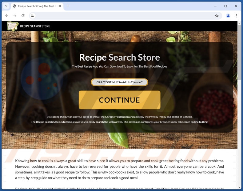 Website used to promote RecipeSearchStore browser hijacker