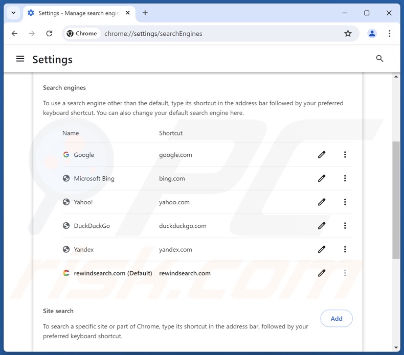 Removing rewindsearch.com from Google Chrome default search engine