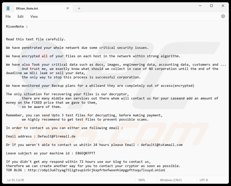 Risen ransomware text file ($Risen_Note.txt)
