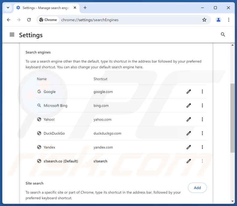 Removing s1search.co from Google Chrome default search engine