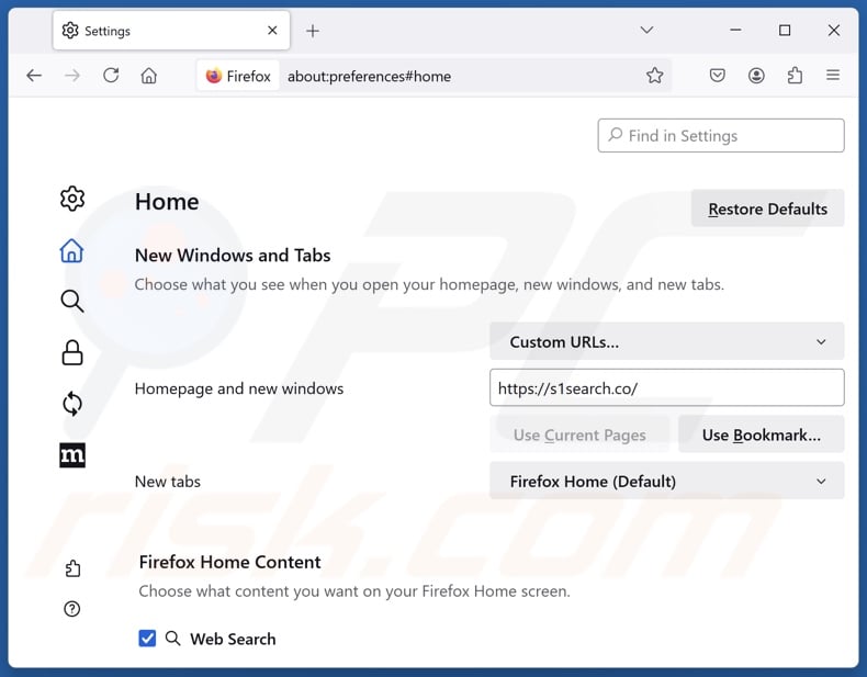 Removing s1search.co from Mozilla Firefox homepage