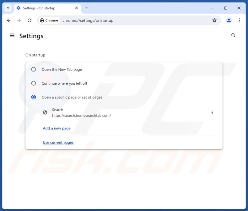 Removing search.homesearchtab.com from Google Chrome homepage