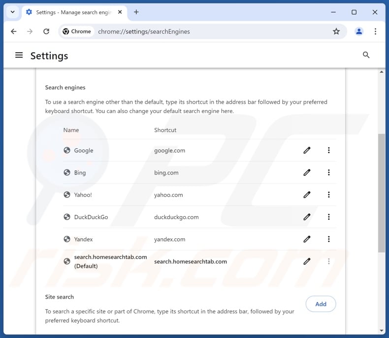 Removing search.homesearchtab.com from Google Chrome default search engine