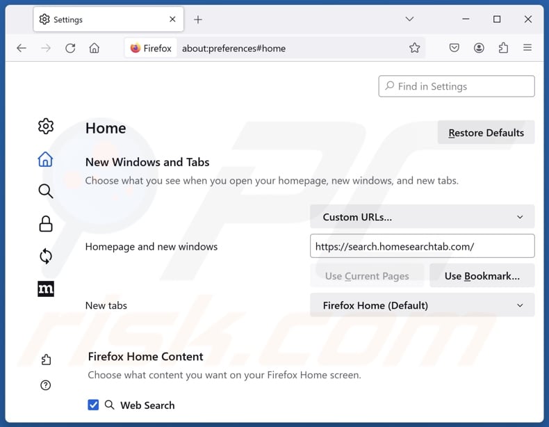 Removing search.homesearchtab.com from Mozilla Firefox homepage