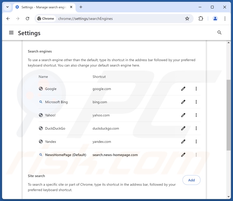 Removing search.news-homepage.com from Google Chrome default search engine
