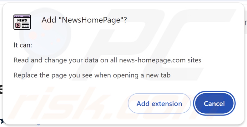 NewsHomePage browser hijacker asking for permissions