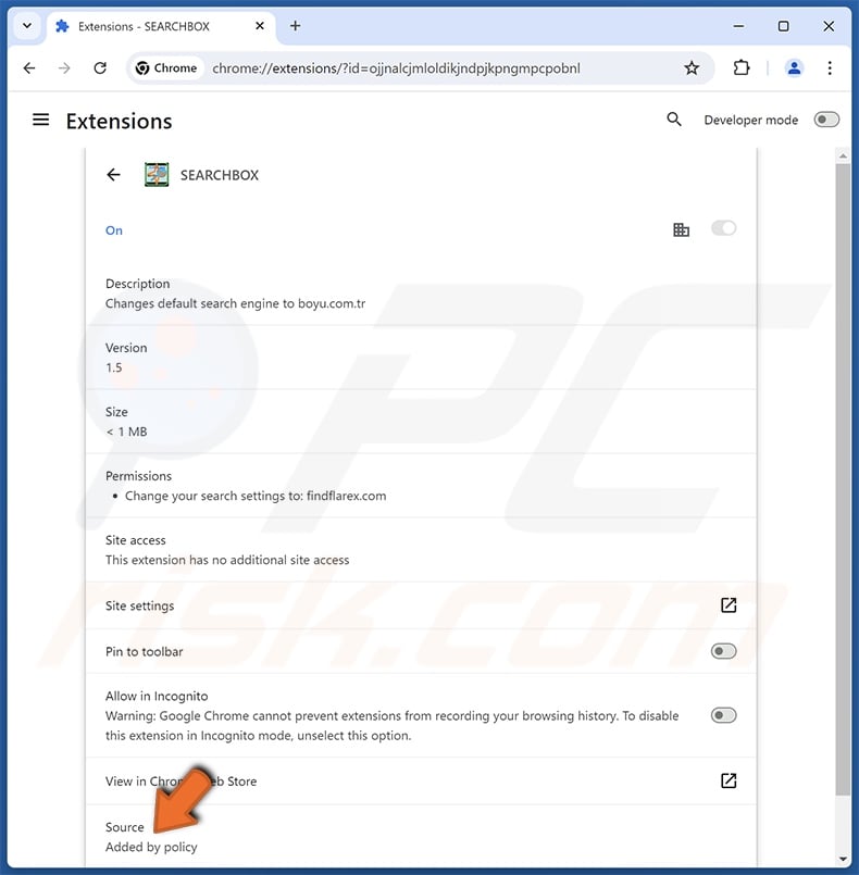 SEARCHBOX browser-hijacking extension details