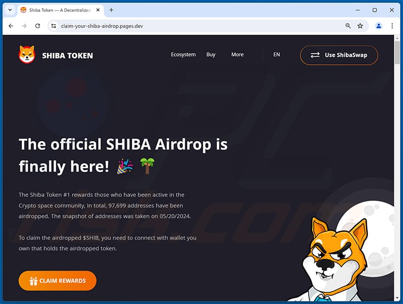 Shiba Airdrop-themed scam website - claim-your-shiba-airdrop.pages[.]dev