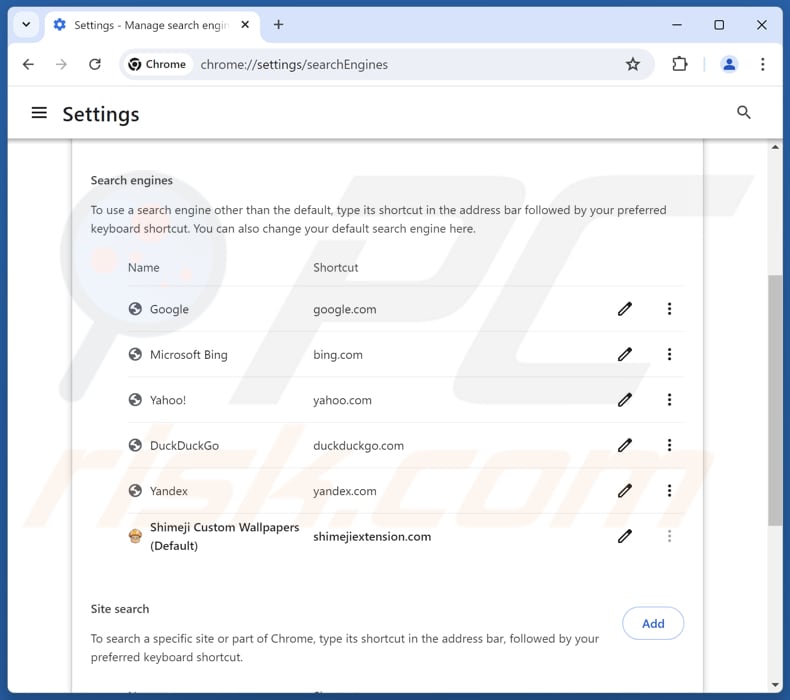 Removing shimejiextension.com from Google Chrome default search engine