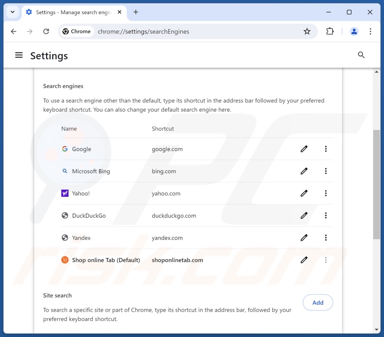 Removing shoponlinetab.com from Google Chrome default search engine