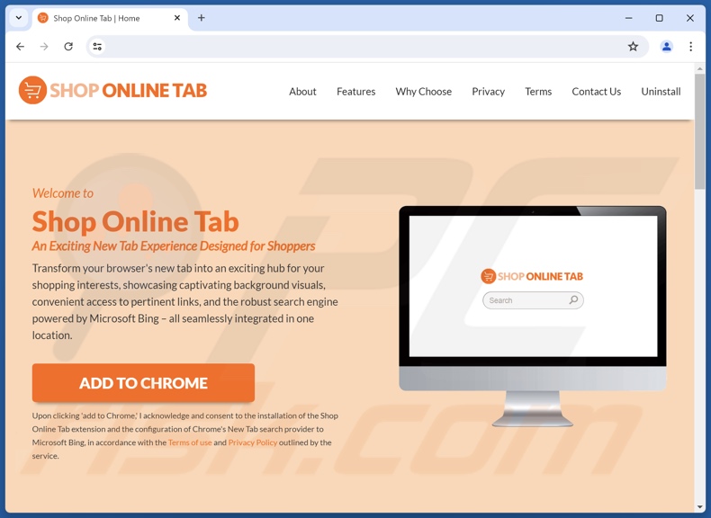 Website used to promote Shop online Tab browser hijacker