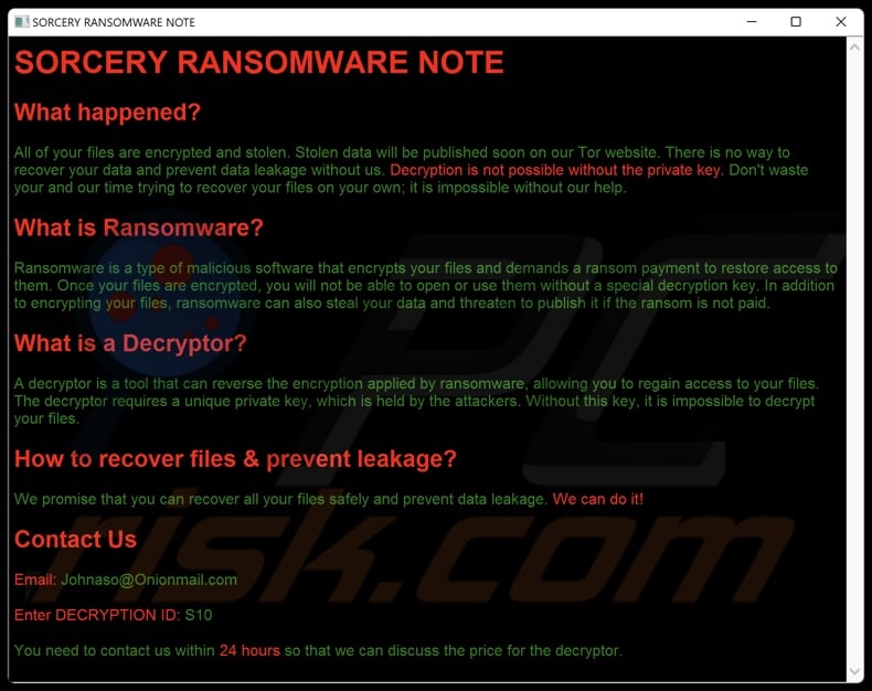 Sorcery ransomware ransom note (README.hta)