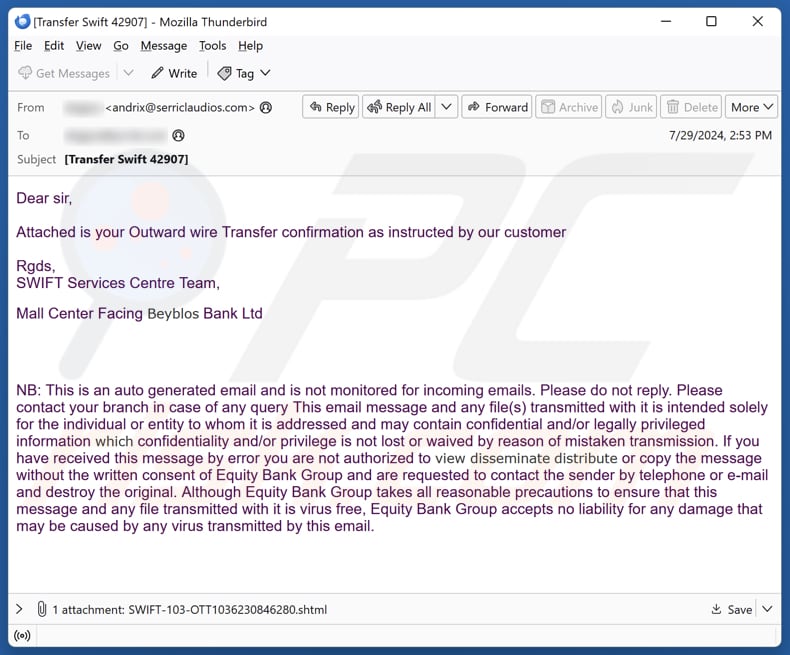 SWIFT - Outward Wire Transfer Confirmation email spam campaign