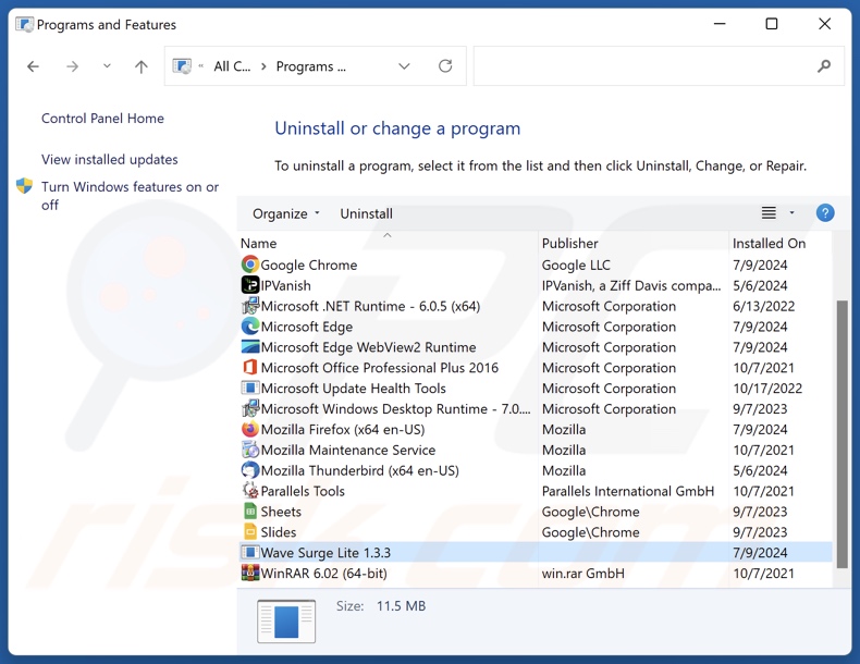 Wave Surge Lite uninstall via Control Panel