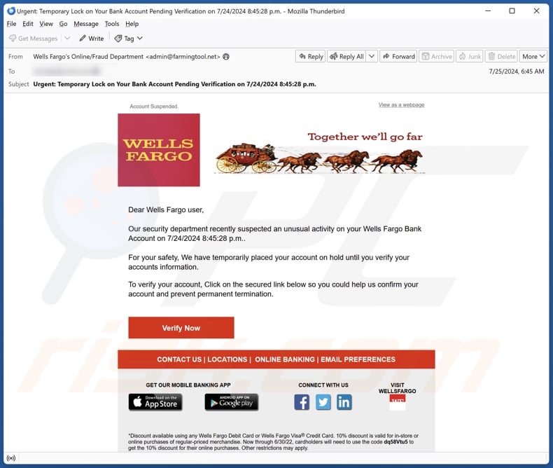 Wells Fargo - Unusual Account Activity email spam campaign