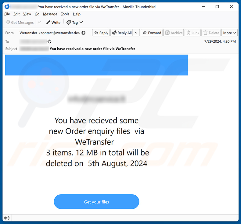 Order enquiry files via WeTransfer email scam (2024-07-30)