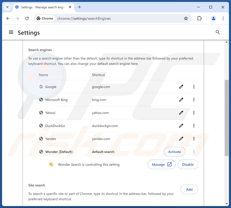 Removing wondersearches.com from Google Chrome default search engine