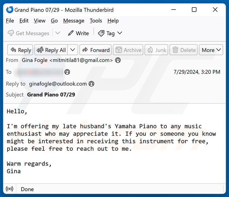 Yamaha Baby Grand Piano Email Scam (2024-07-30)