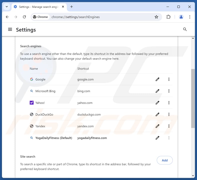 Removing yogadailyfitness.com from Google Chrome default search engine