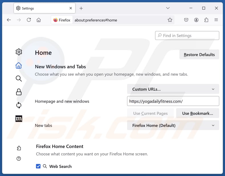 Removing yogadailyfitness.com from Mozilla Firefox homepage