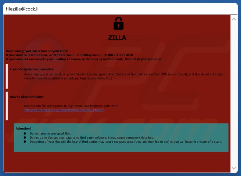 ZILLA ransomware ransom note (pop-up window)