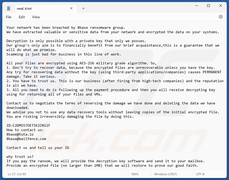 8base (Chaos) ransomware ransom note (read_it.txt)