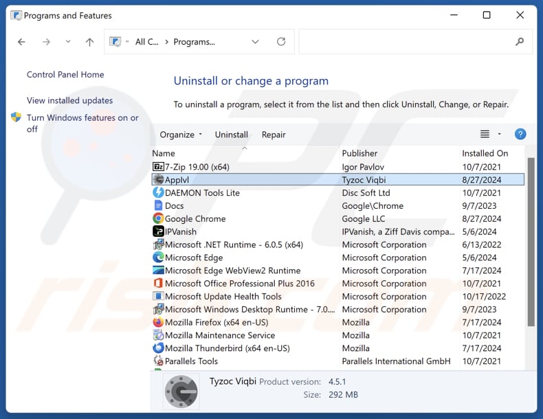 Applvl uninstall via Control Panel