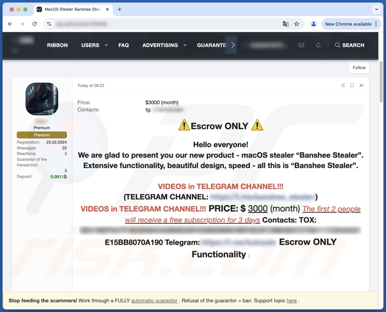 Banshee malware endorsed on hacker forums