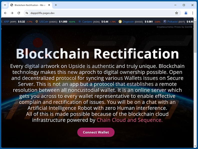 Blockchain Rectification scam website - dappzillfix.pages[.]dev