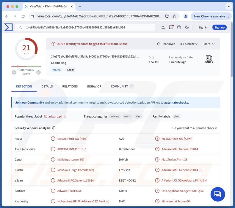 Capmaking.app adware detections on VirusTotal