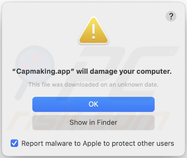 Pop-up displayed when Capmaking.app adware is detected on the system