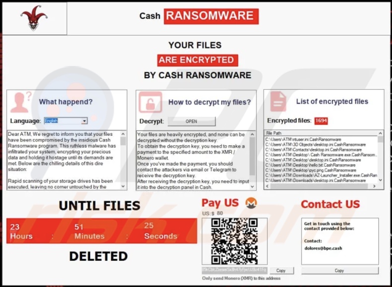 Cash ransomware ransom note (pop-up)