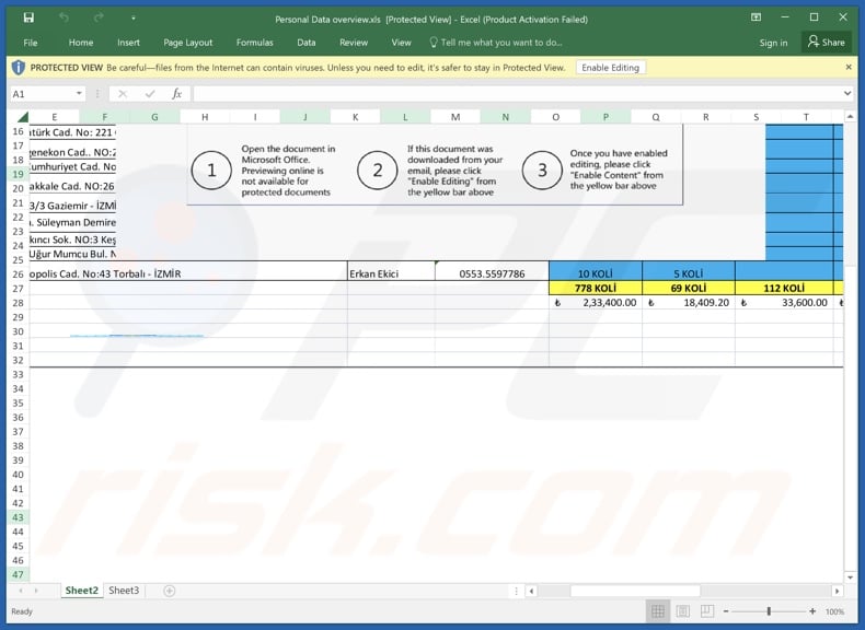 Malicious attachment distributed through Compromise Of Your Digital Identity spam campaign (Personal Data overview.xls)