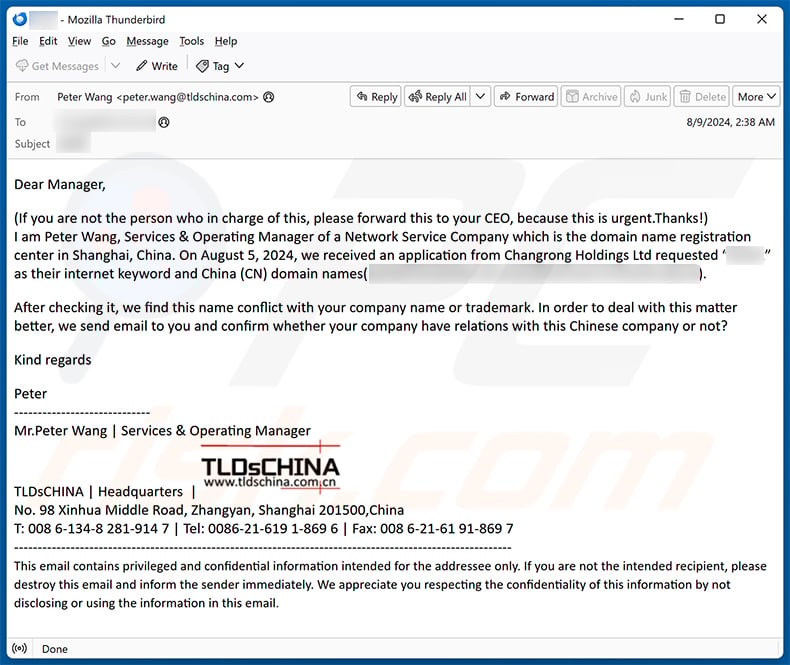 Conflict With Your Company Name Or Trademark email scam (2024-08-12)