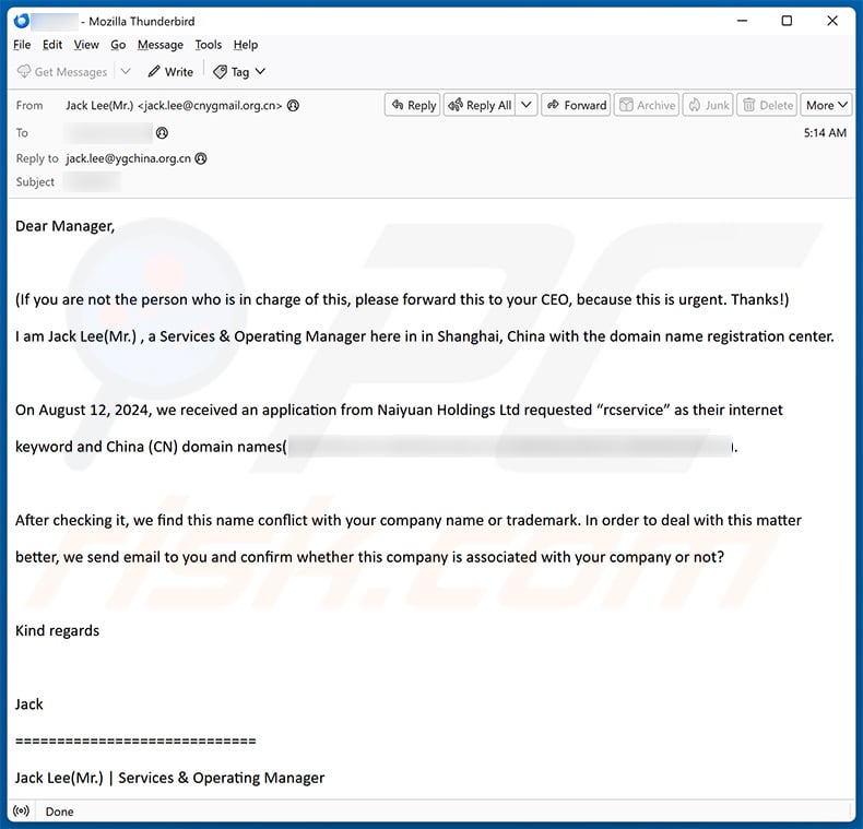 Conflict With Your Company Name Or Trademark email scam (2024-08-14)