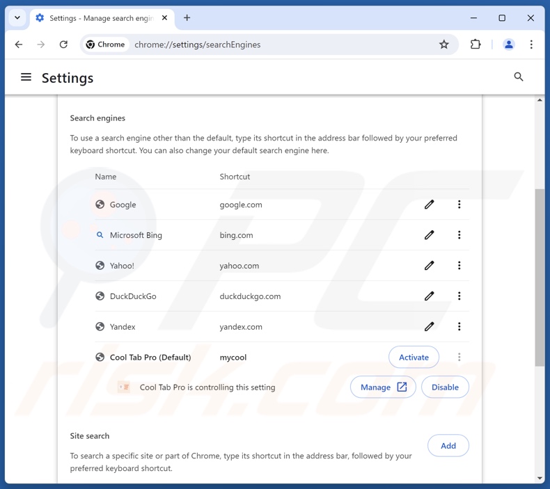 Removing search.mycooltab.com from Google Chrome default search engine