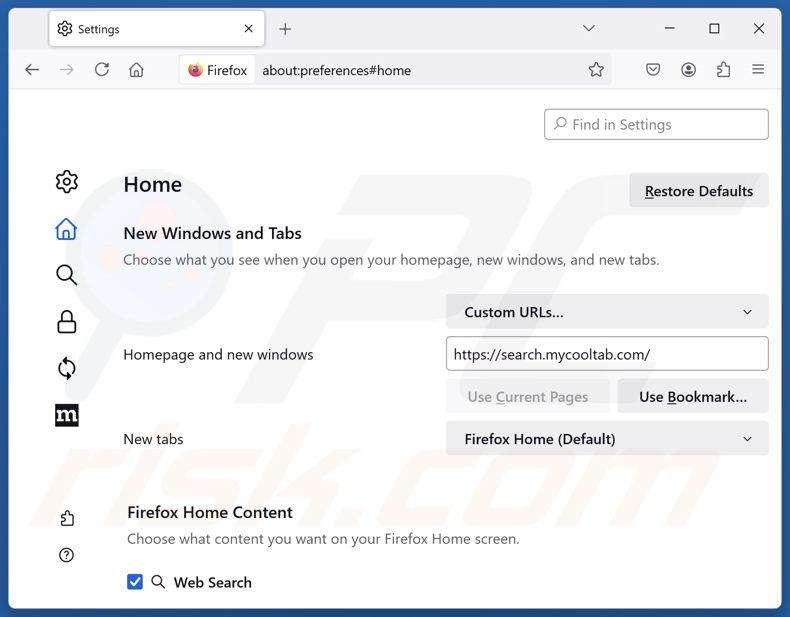Removing search.mycooltab.com from Mozilla Firefox homepage